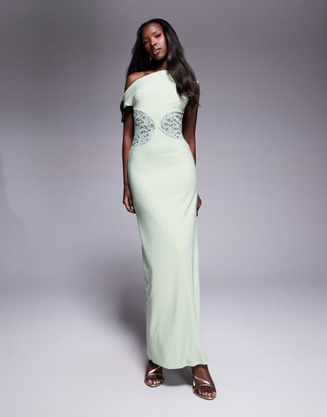 ASOS DESIGN off shoulder sleeveless lace insert maxi dress  in sage green - view 1