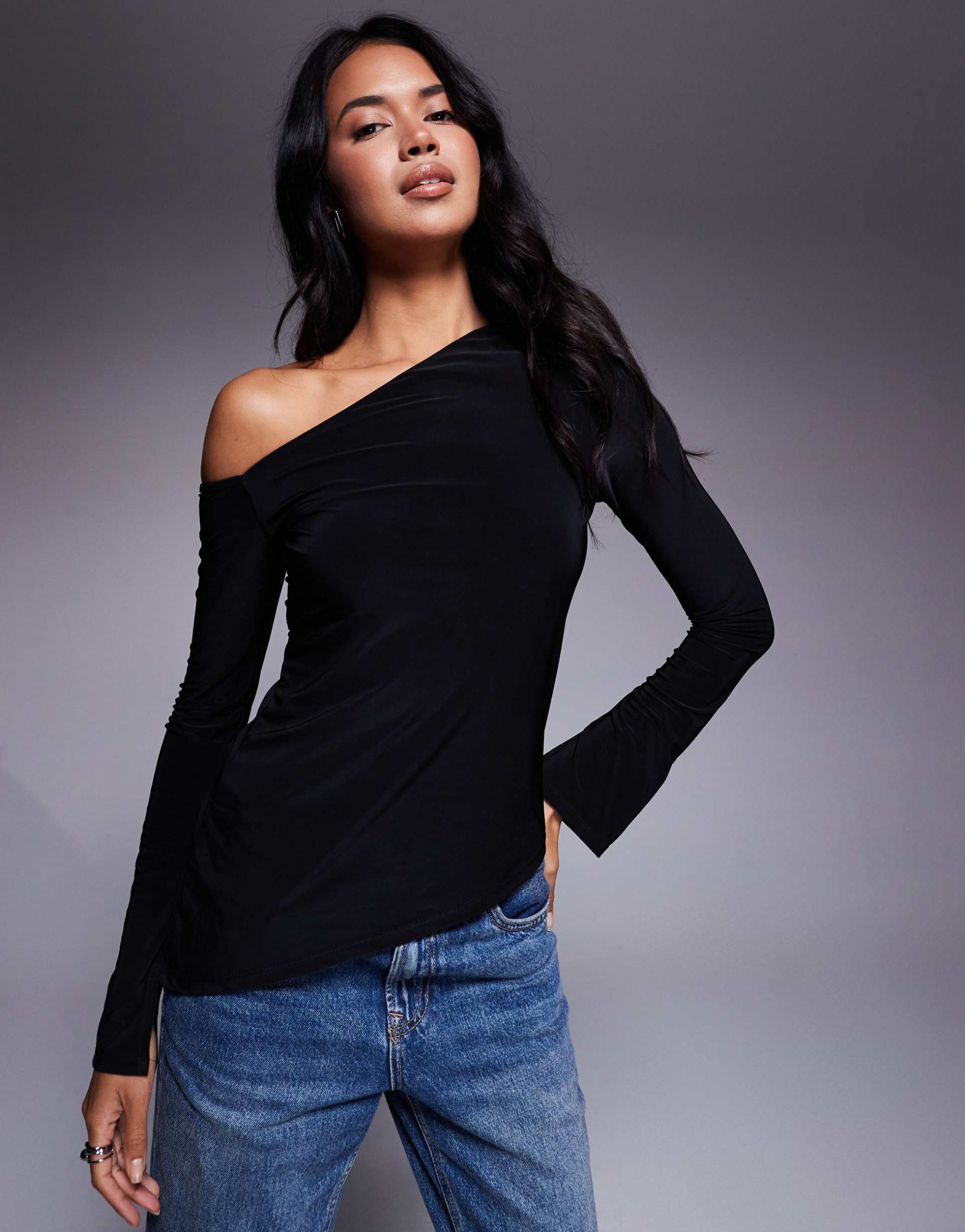 asos design off shoulder slinky asymmetric top in black