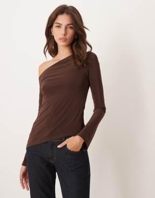 ASOS DESIGN off-shoulder slinky asymmetric top in chocolate-Brown