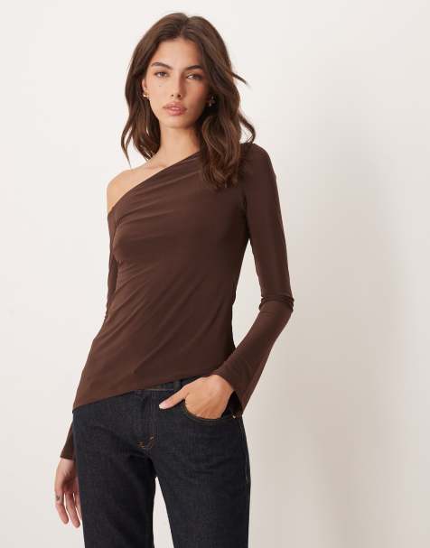 ASOS DESIGN off shoulder slinky asymmetric top in chocolate - view 1