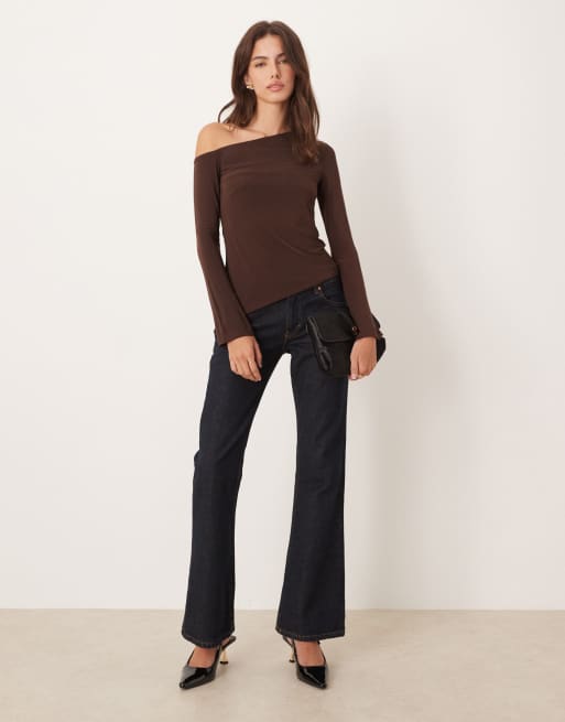 ASOS DESIGN off-shoulder slinky asymmetric top in chocolate