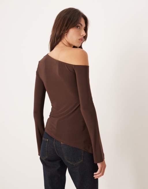 ASOS DESIGN off-shoulder slinky asymmetric top in chocolate