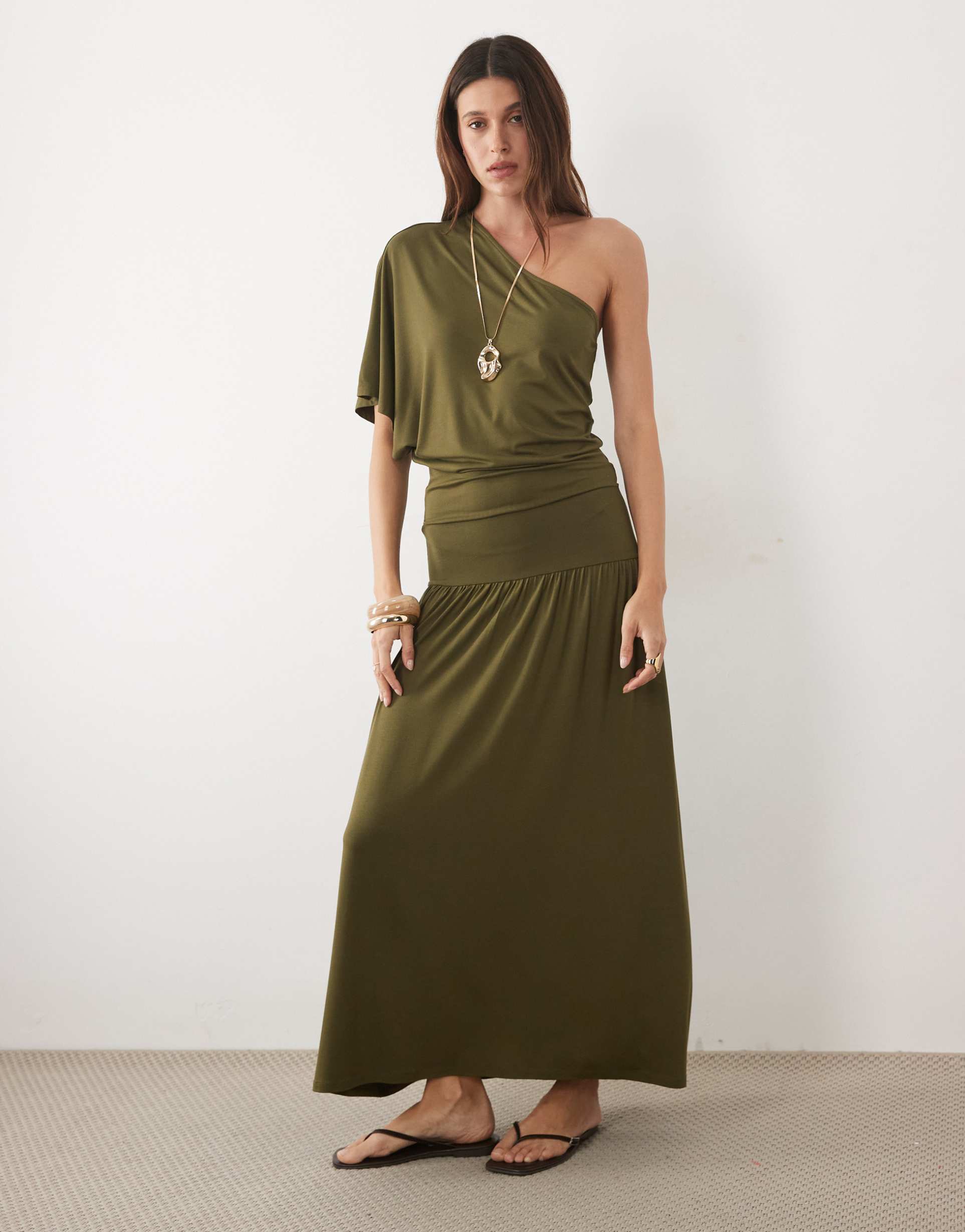 asos design off-shoulder slouchy midi dress in khaki