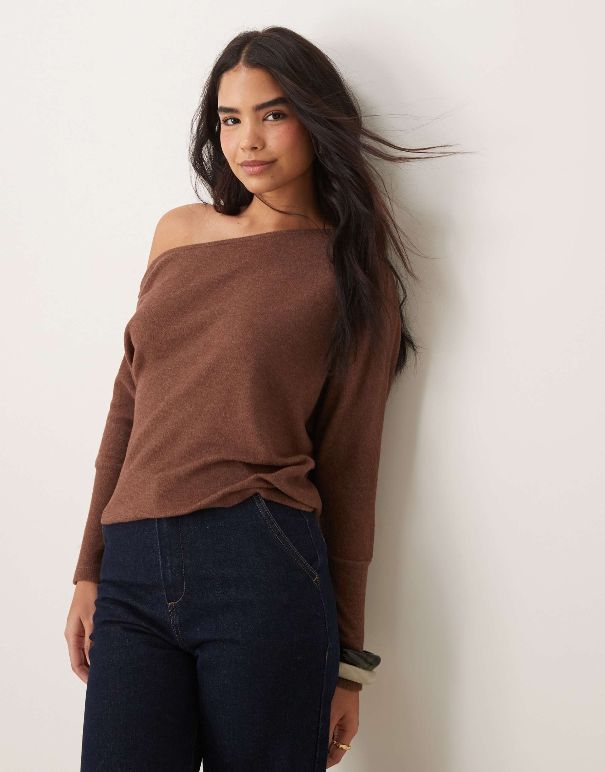 asos design off shoulder slouchy supersoft top in brown