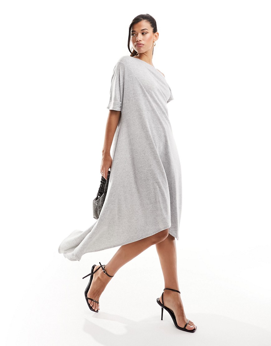 ASOS DESIGN off shoulder soft touch maxi dress with asymmetric hem in grey