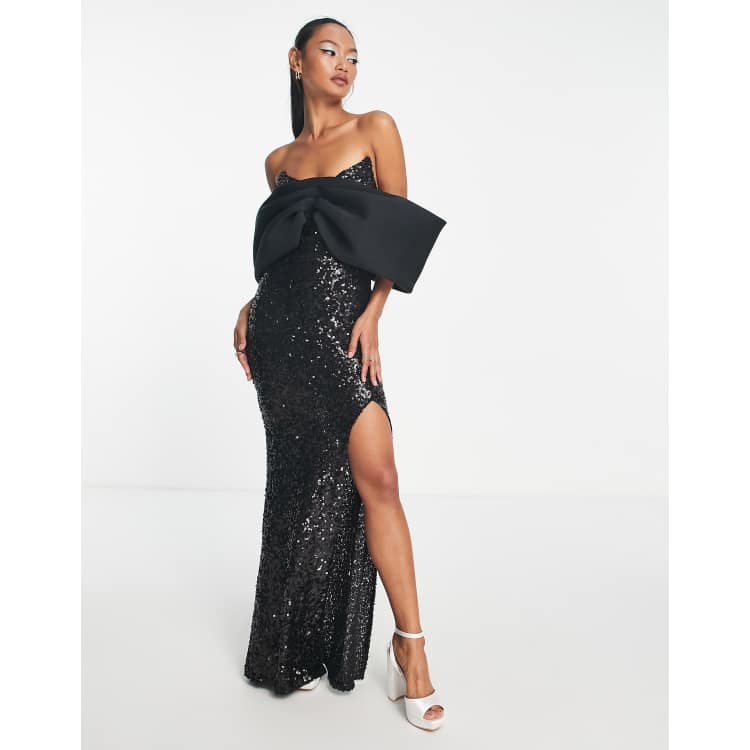 ASOS DESIGN off shoulder split hem maxi dress in black sequin