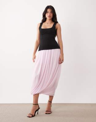 Asos Design Off Shoulder Square Neck Corset Maxi Dress With Mesh Bubble Hem In Pink
