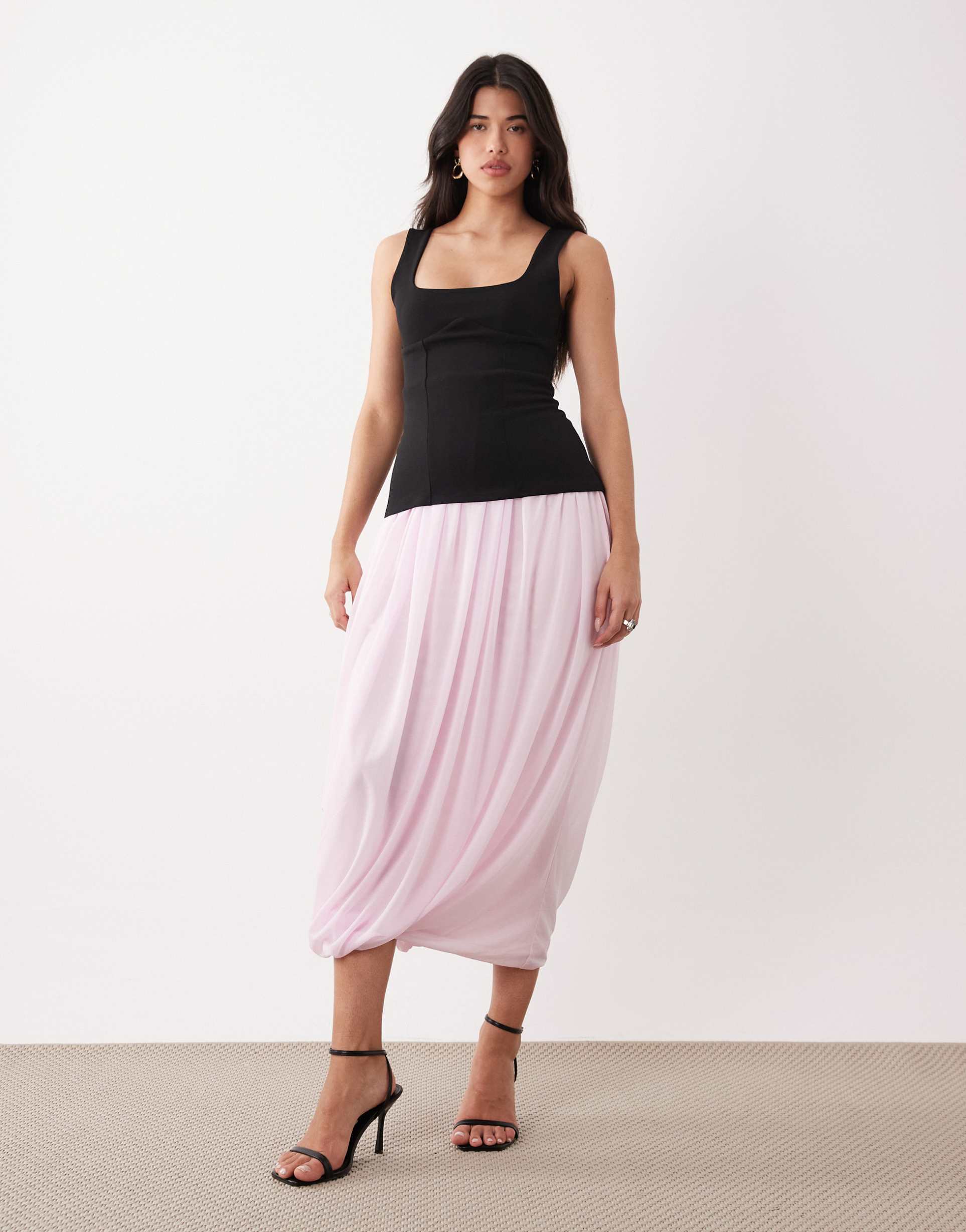 asos design off shoulder square neck corset maxi dress with mesh bubble hem in pink