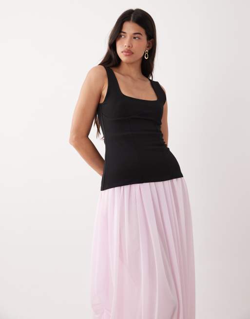 ASOS DESIGN off shoulder square neck corset maxi dress with mesh bubble hem in pink, 2 of 4