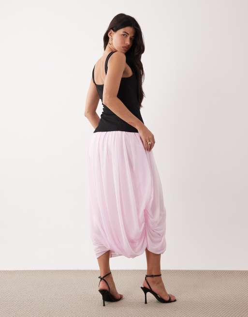 ASOS DESIGN off shoulder square neck corset maxi dress with mesh bubble hem in pink, 3 of 4