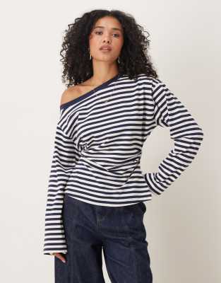ASOS DESIGN off-shoulder stripe top in navy stripe