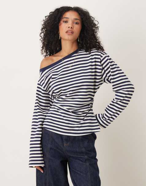 ASOS DESIGN off-shoulder stripe top in navy stripe - view 1