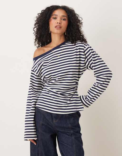 ASOS DESIGN off shoulder stripe top in navy stripe