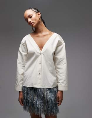 Asos Design Off Shoulder Striped Cotton Shirt In Neutral