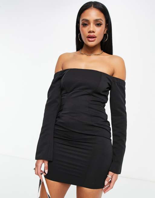 Black denim off the shoulder dress sale