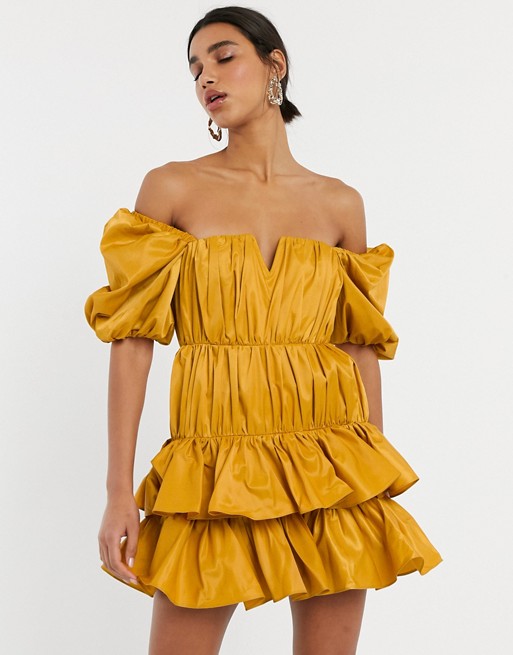 ASOS DESIGN off shoulder structured tiered mini dress with ruching