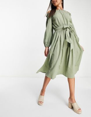 ASOS DESIGN off shoulder super crinkle beach dress in khaki