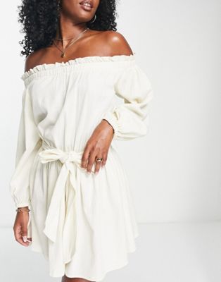 ASOS DESIGN off shoulder super crinkle beach mini dress in natural-White