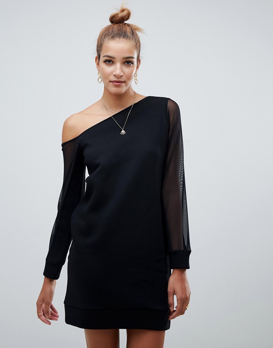 ASOS DESIGN off shoulder sweat dress with mesh sleeve-Black