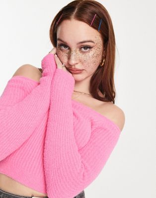Asos Design Off Shoulder Sweater In Fluffy Yarn In Pink