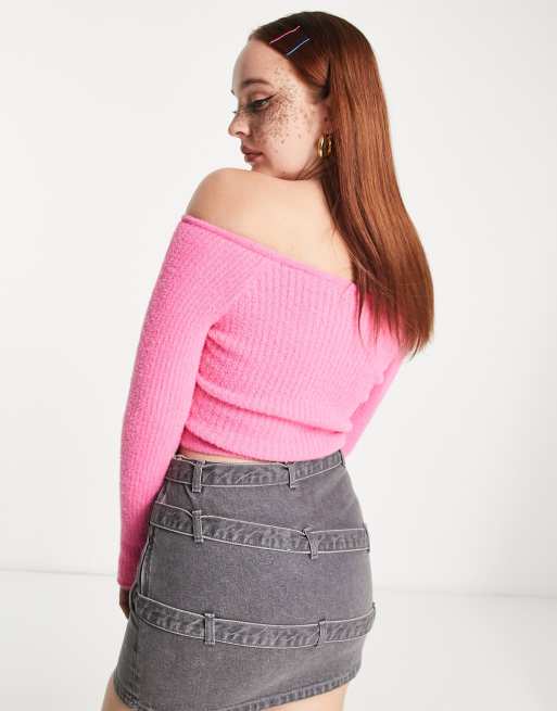 ASOS DESIGN high neck sweater in fluffy yarn in pink