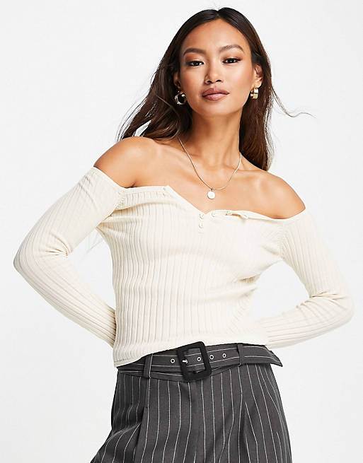 ASOS DESIGN off shoulder sweater with button detail in cream | ASOS