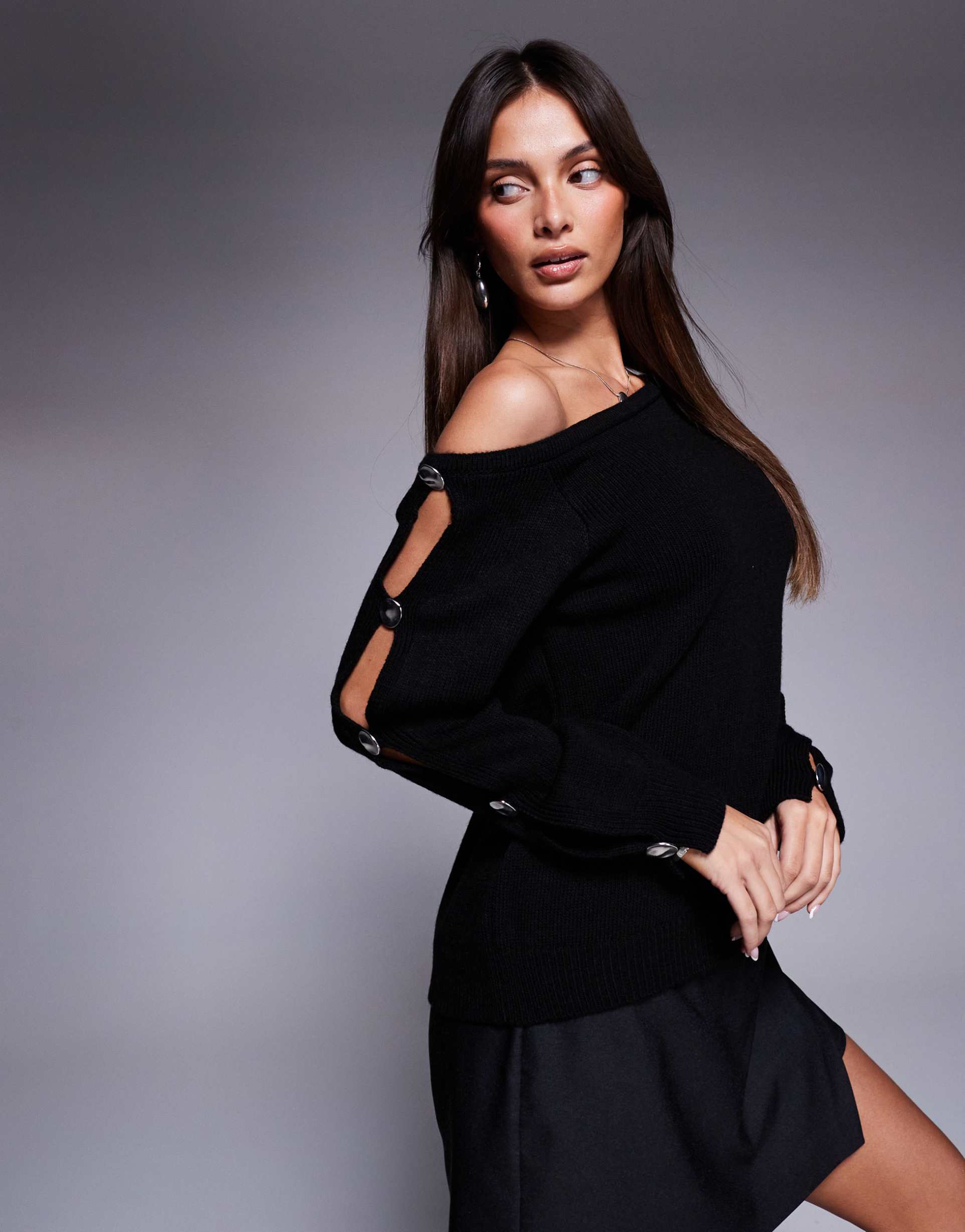 asos design off shoulder sweater with metal button sleeves in black