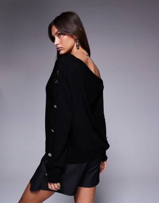 Asos Design Off Shoulder Sweater With Metal Button Sleeves In Black