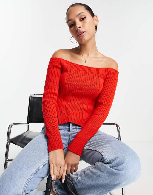 Red sweater off on sale shoulder