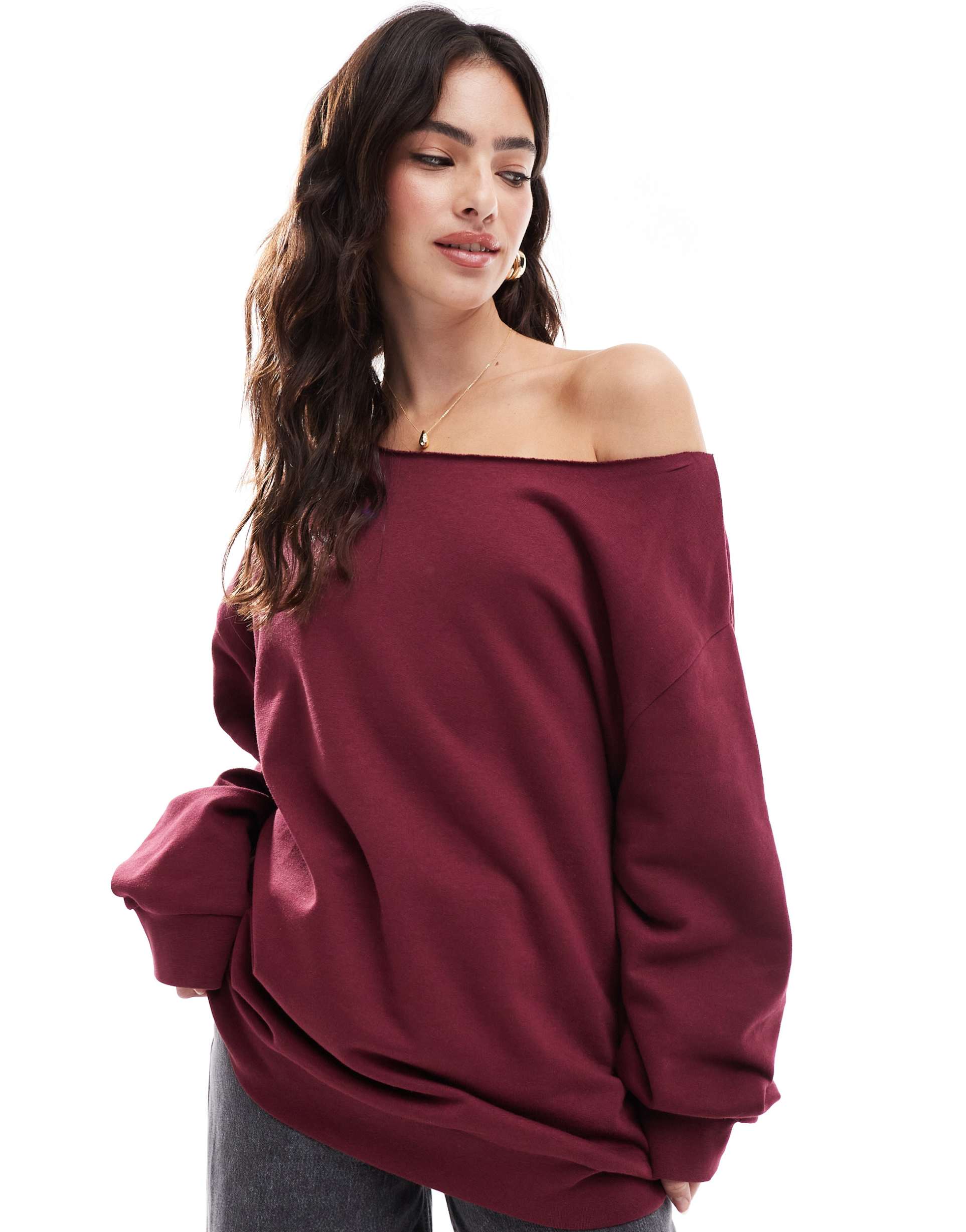 asos design off shoulder sweatshirt in burgundy