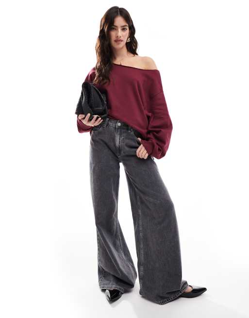 ASOS DESIGN off shoulder sweatshirt in burgundy, 3 of 4