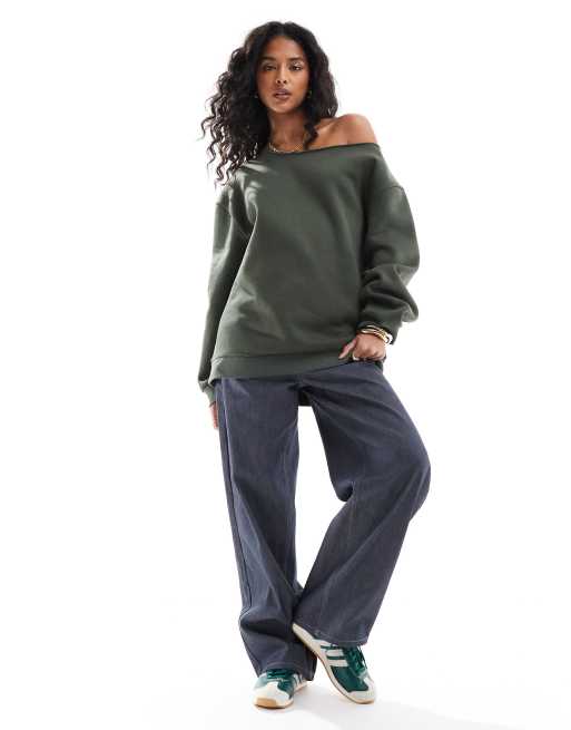 ASOS DESIGN off-shoulder sweatshirt in dark green | ASOS