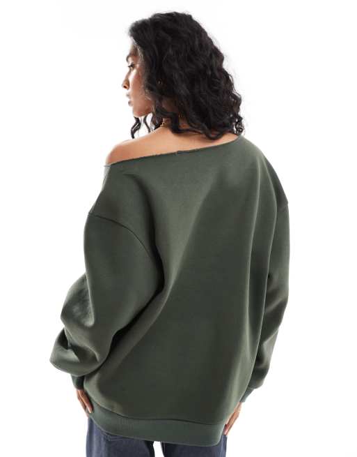 ASOS DESIGN off-shoulder sweatshirt in dark green | ASOS