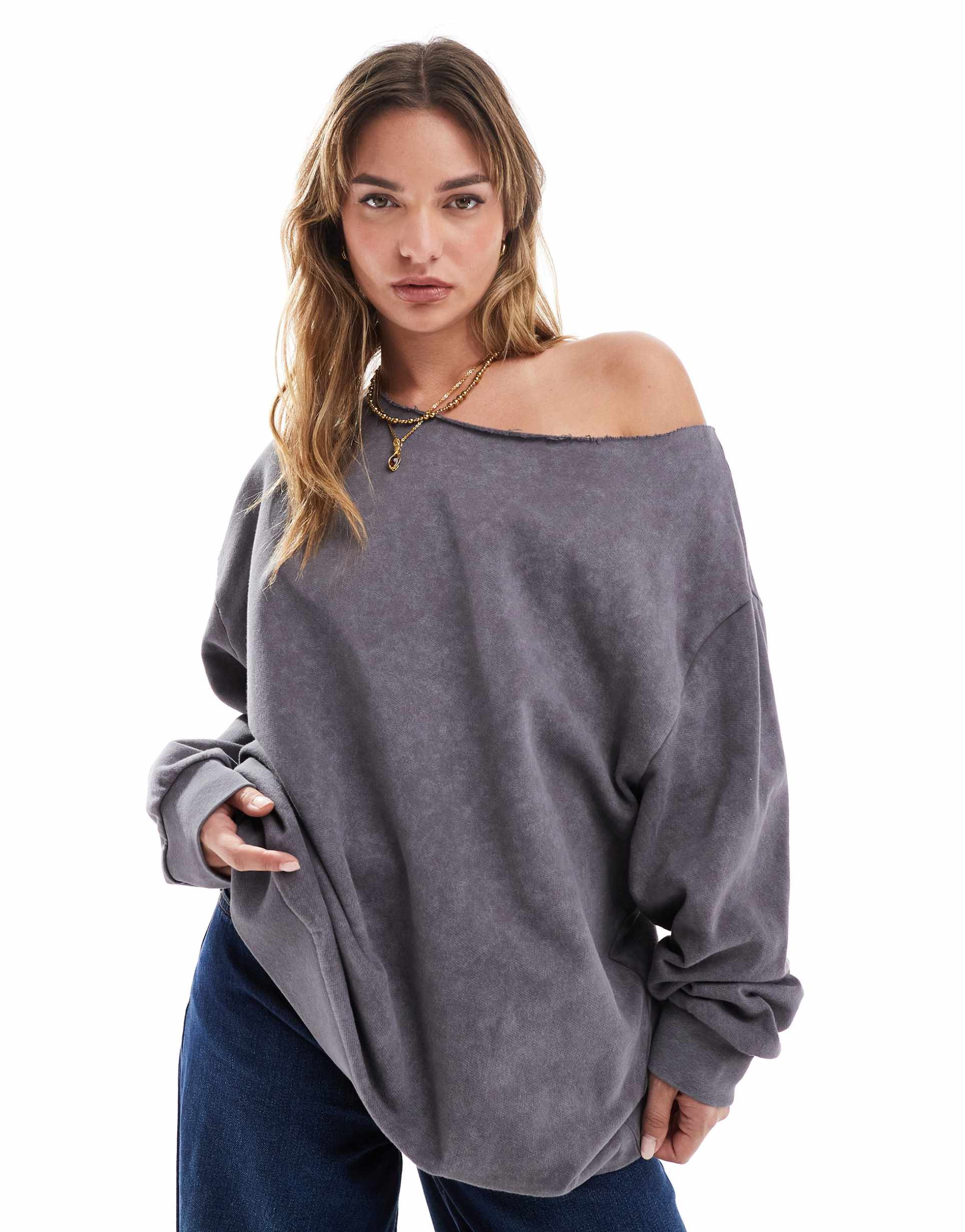 asos design off shoulder sweatshirt in washed slate