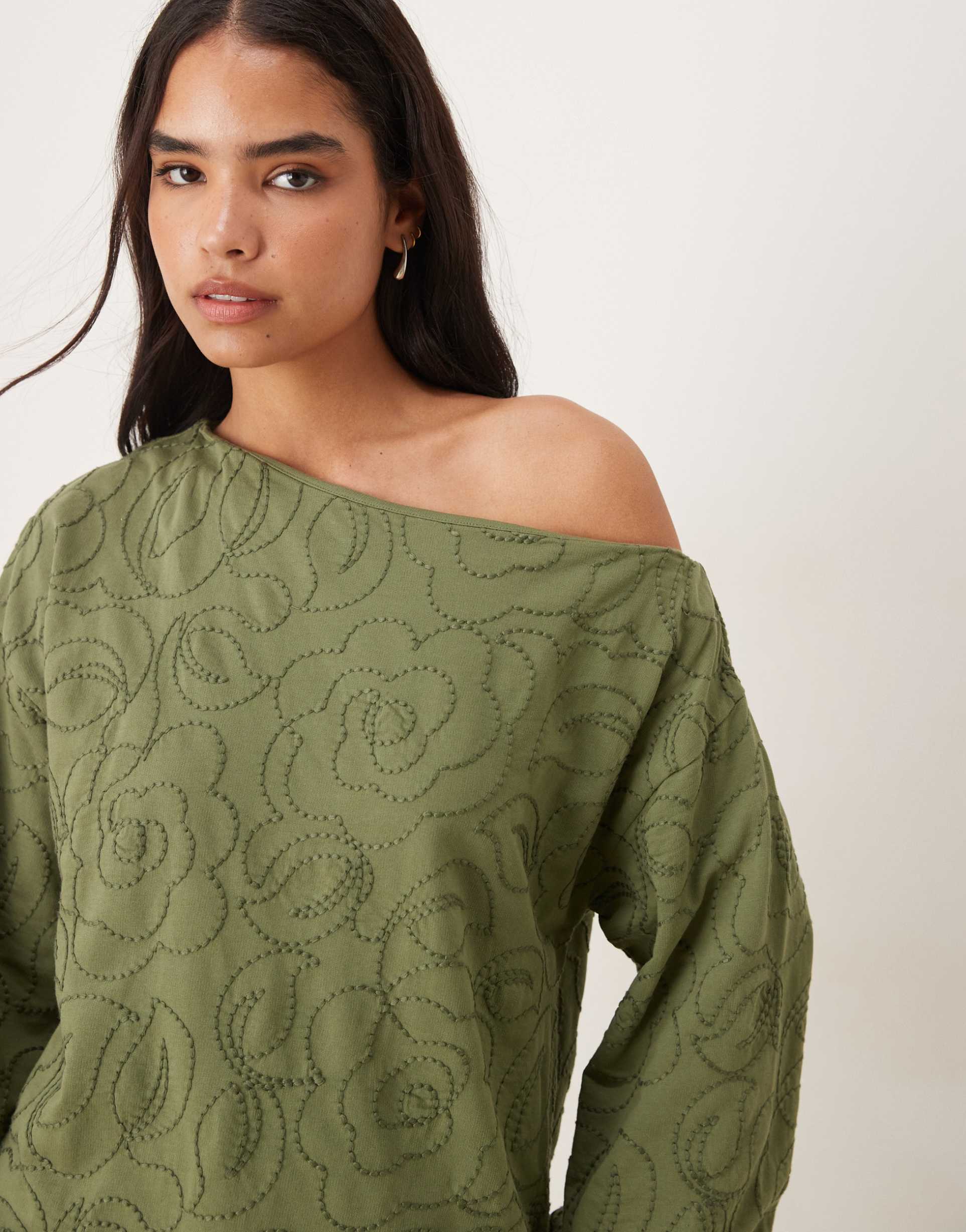 asos design off shoulder sweatshirt with embroidery detail in washed khaki