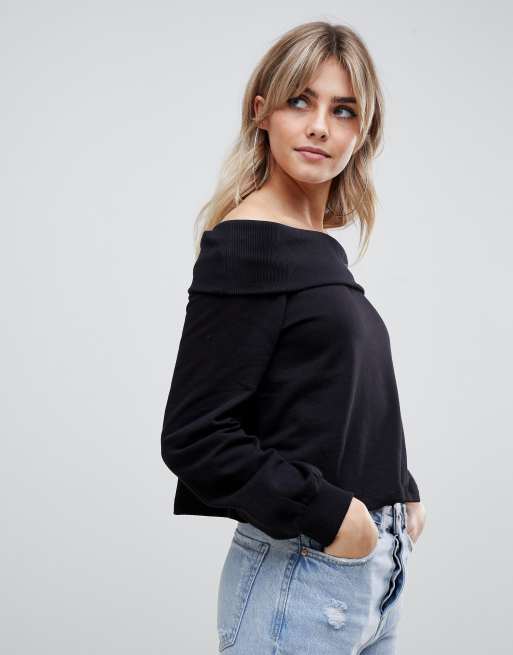 ASOS DESIGN off shoulder sweatshirt with foldover in black ASOS