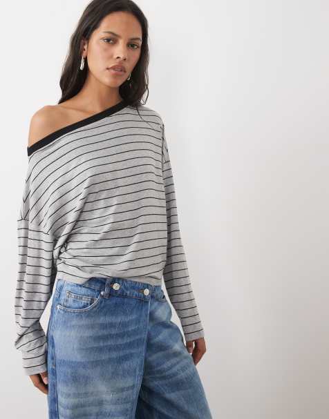 ASOS DESIGN off-shoulder T-shirt met lange mouwen in grijs en zwarte strepen - view 1