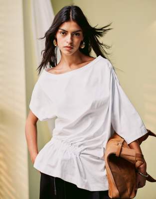 Asos Design Off Shoulder T-shirt With Elastic Ruched Detail In Multi