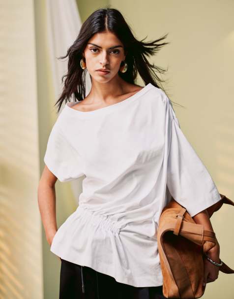 ASOS DESIGN off shoulder t-shirt with elastic ruched detail in white - view 1