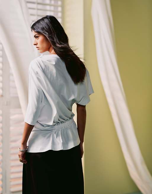 Beading Elastic Waist Off Shoulder Bell Sleeve T-shirts Beading Elastic Waist Off Shoulder Bell Sleeve T-shirts