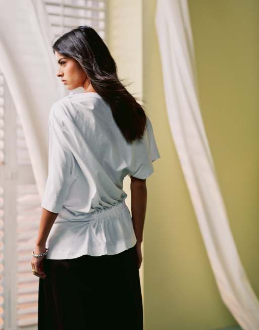 Beading Elastic Waist Off Shoulder Bell Sleeve T-shirts
