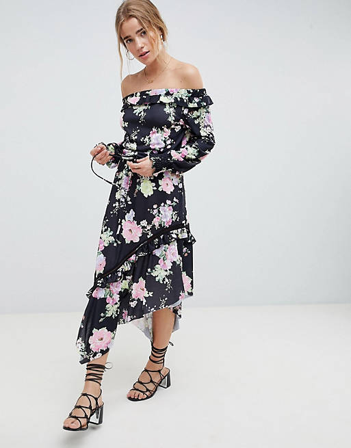ASOS DESIGN off shoulder tea dress with shirred cuffs in floral print