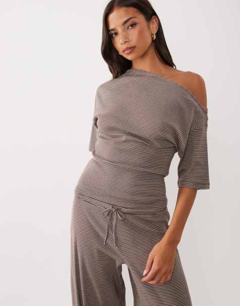ASOS DESIGN  off shoulder tee co-ord in choc stripe - view 1