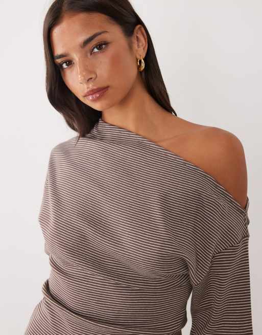 ASOS DESIGN off shoulder tee in choc stripe (part of a set), 3 of 4