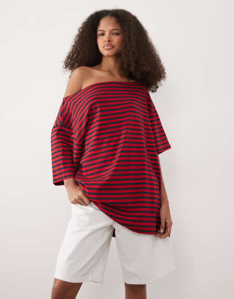 ASOS DESIGN off-shoulder tee in navy stripe - view 1
