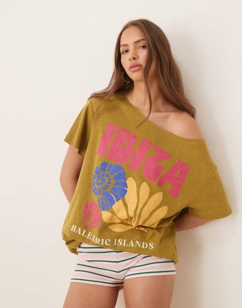 ASOS DESIGN off shoulder tee with Ibiza graphic in green - view 1