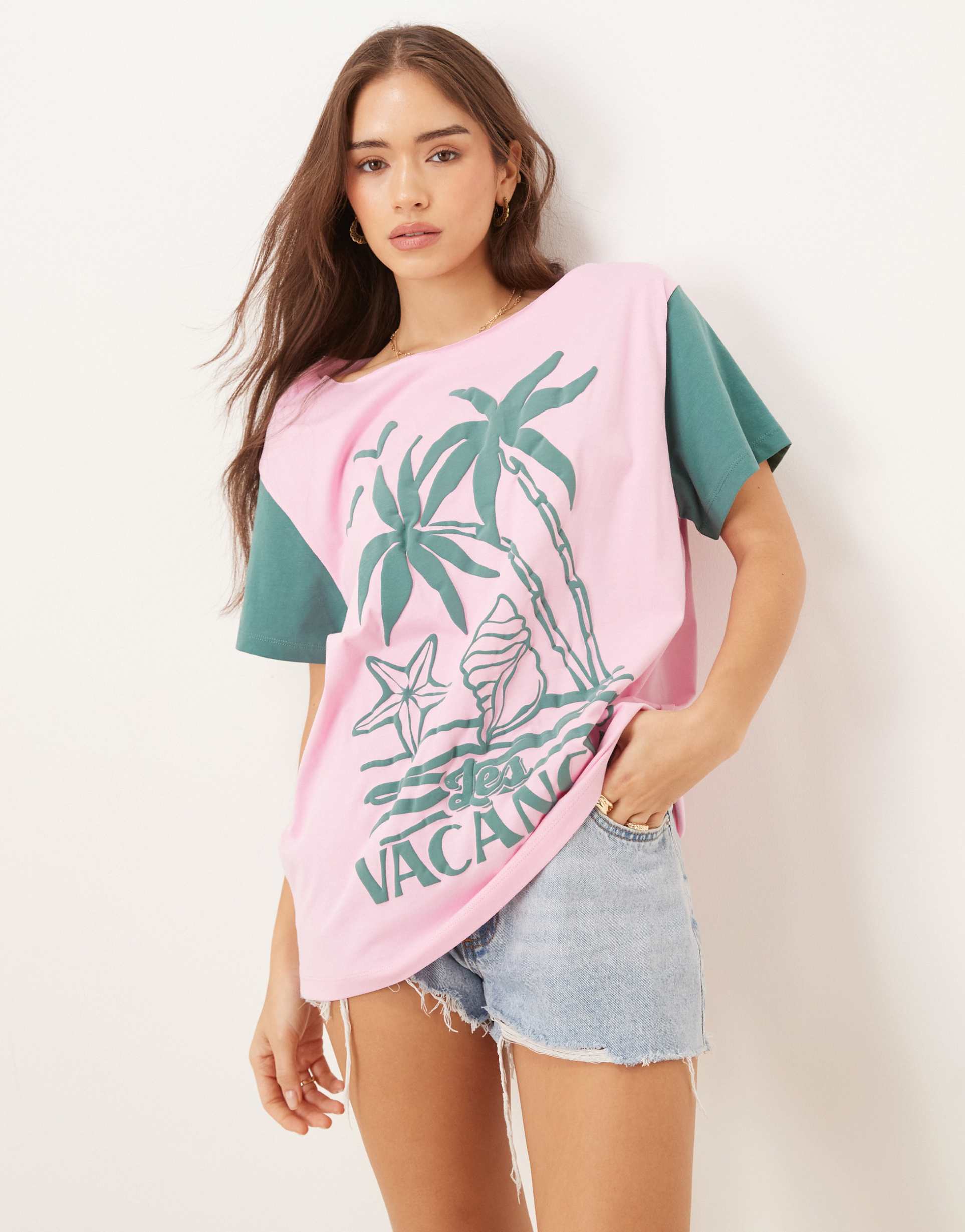 asos design off shoulder tee with vacances graphic