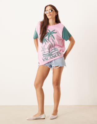 Asos Design Off Shoulder Tee With Vacances Graphic-multi