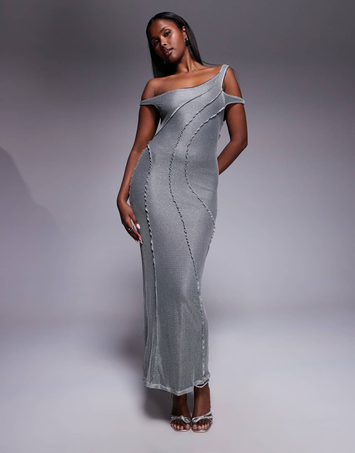 ASOS DESIGN off shoulder textured maxi dress with seam detail in silver