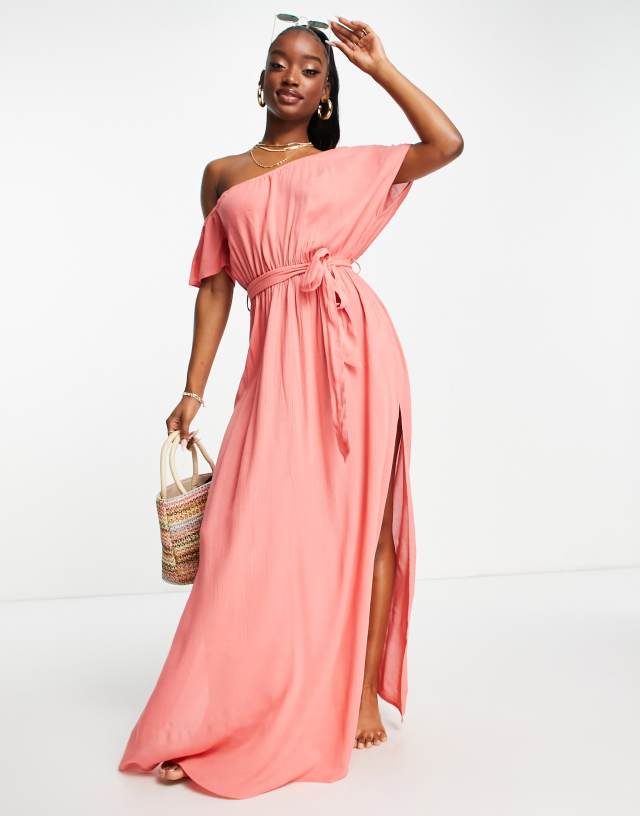 ASOS DESIGN off shoulder tie waist maxi beach dress in rusty coral